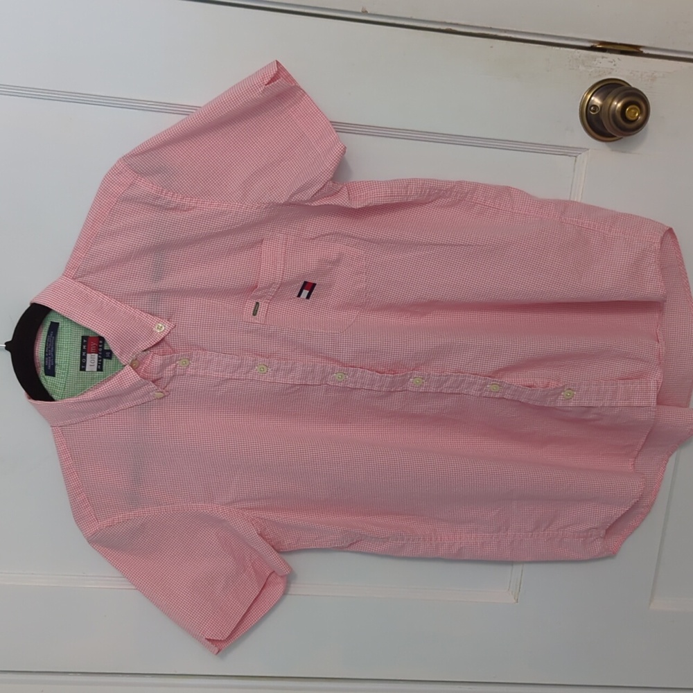 Tommy Hilfiger Sz 14 100% Cotton Pink Gingham Short Sleeve Button Down Shirt